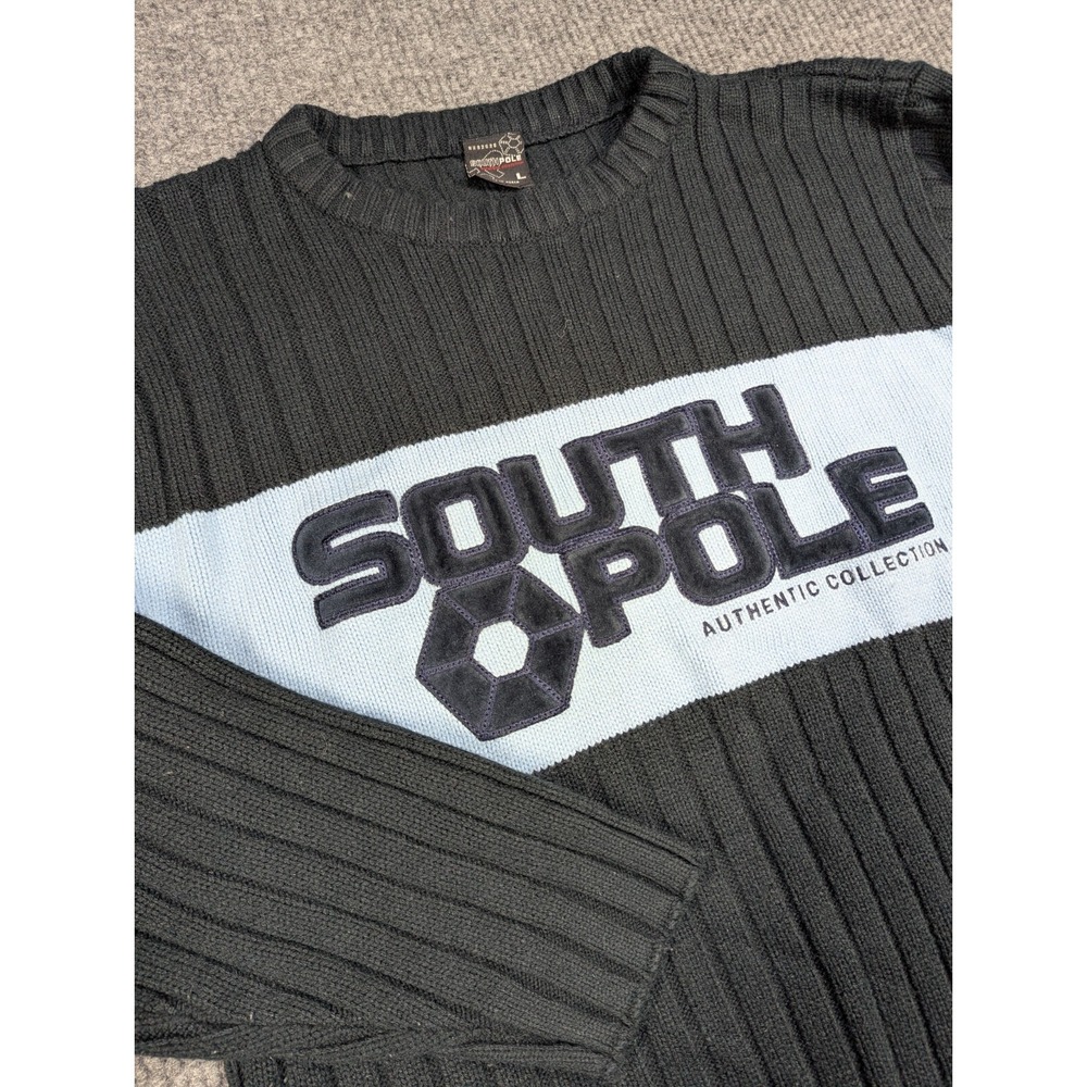 Vintage South Pole‎ Sweater Mens Large Black Ribbed Knit Pullover Spellout Y2K